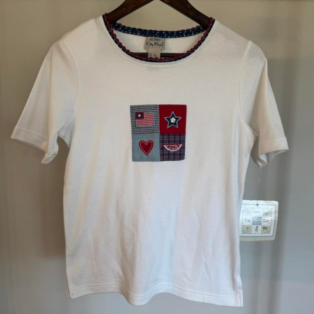 NWT Koret White T-Shirt With Embroidered American Square and Lace Collar Sz 4P